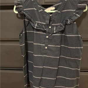 LOFT Navy and White Striped Ruffle Top